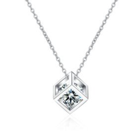 Cube Pendant Necklace With Moissanite Silver Chain