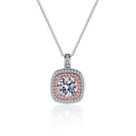 Halo Necklace Pink Stone Moissanite Pendant Silver Chain