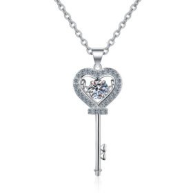Key Heart Necklace Moissanite Pendant Silver Chain