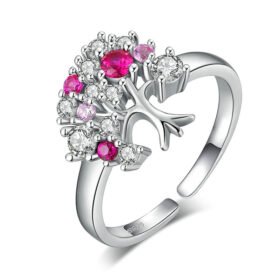 Adjustable Ring for Women Tree Of Life Created Red Ruby