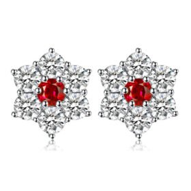 Flower Shaped Earrings Created Red Ruby Silver Halo Stud
