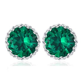 Green Stone Earrings Round Created Emerald Silver Stud