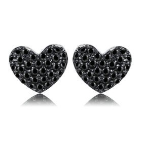 Black Stone Earrings Love Heart Sterling Silver Studs