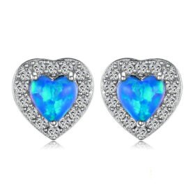 Blue Opal Earrings Love Heart 925 Sterling Silver Stud