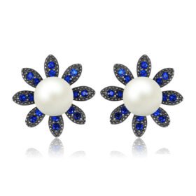Cultured Pearl Earrings With Lab Blue Spinel For Women