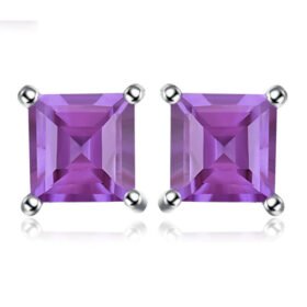 Square Earrings Natural Amethyst Sterling Silver Studs